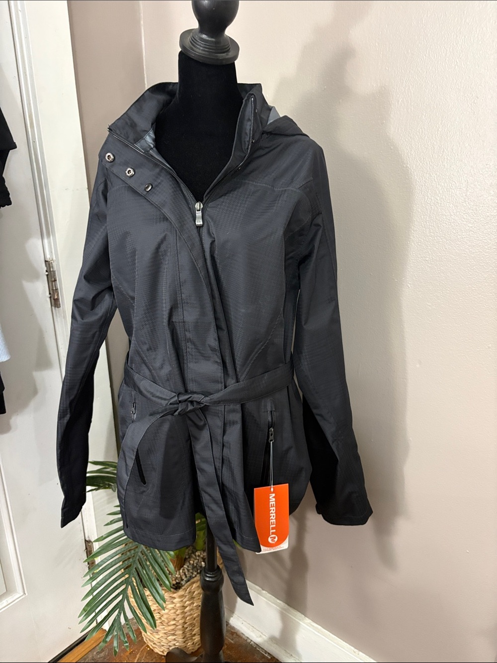 NWT Merrel Black Frances Hooded Trench Coat with Belt Women’s size Large - Picture 1 of 14